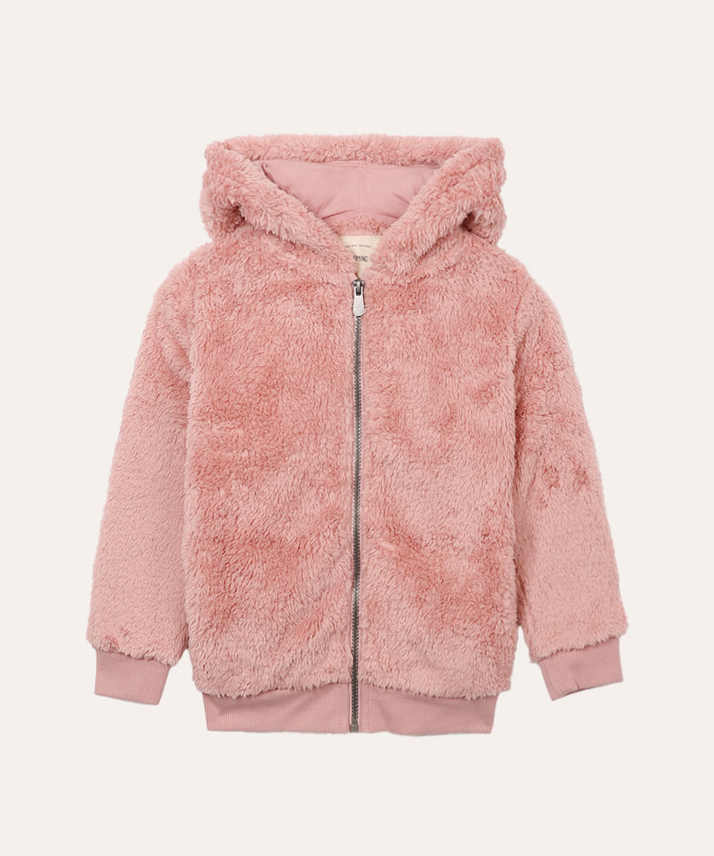 jaqueta de pelúcia infantil com capuz rosa