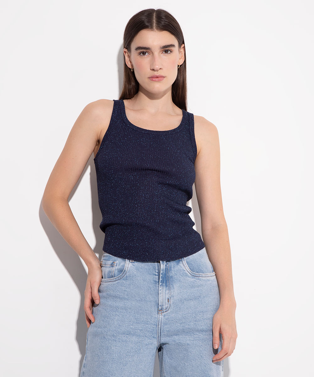 regata alongada de tricot lurex mindset azul marinho