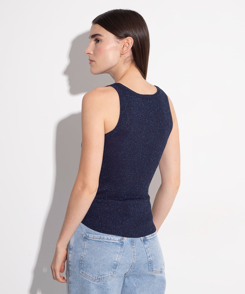 regata alongada de tricot lurex mindset azul marinho