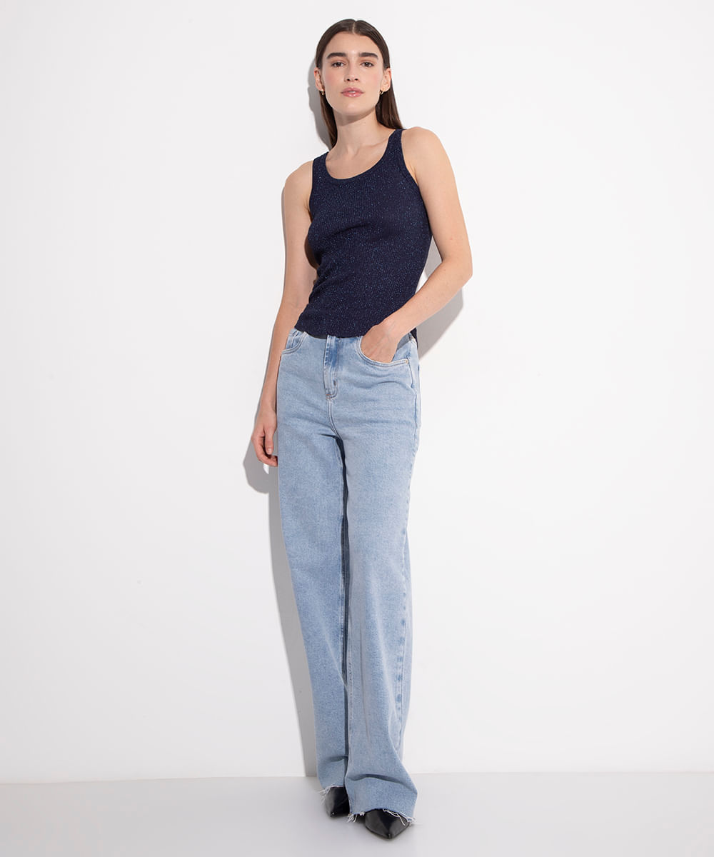 regata alongada de tricot lurex mindset azul marinho