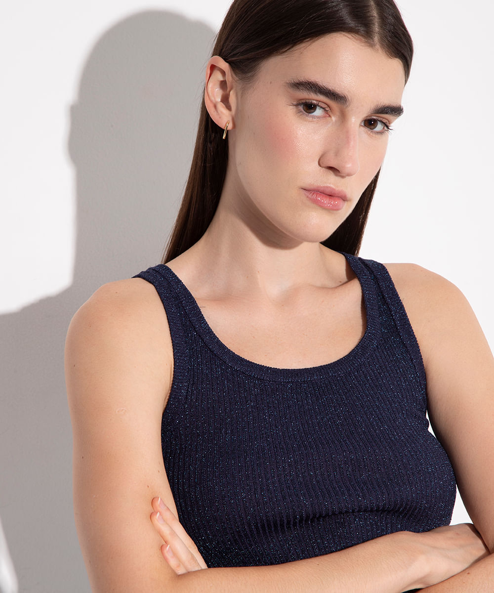 regata alongada de tricot lurex mindset azul marinho