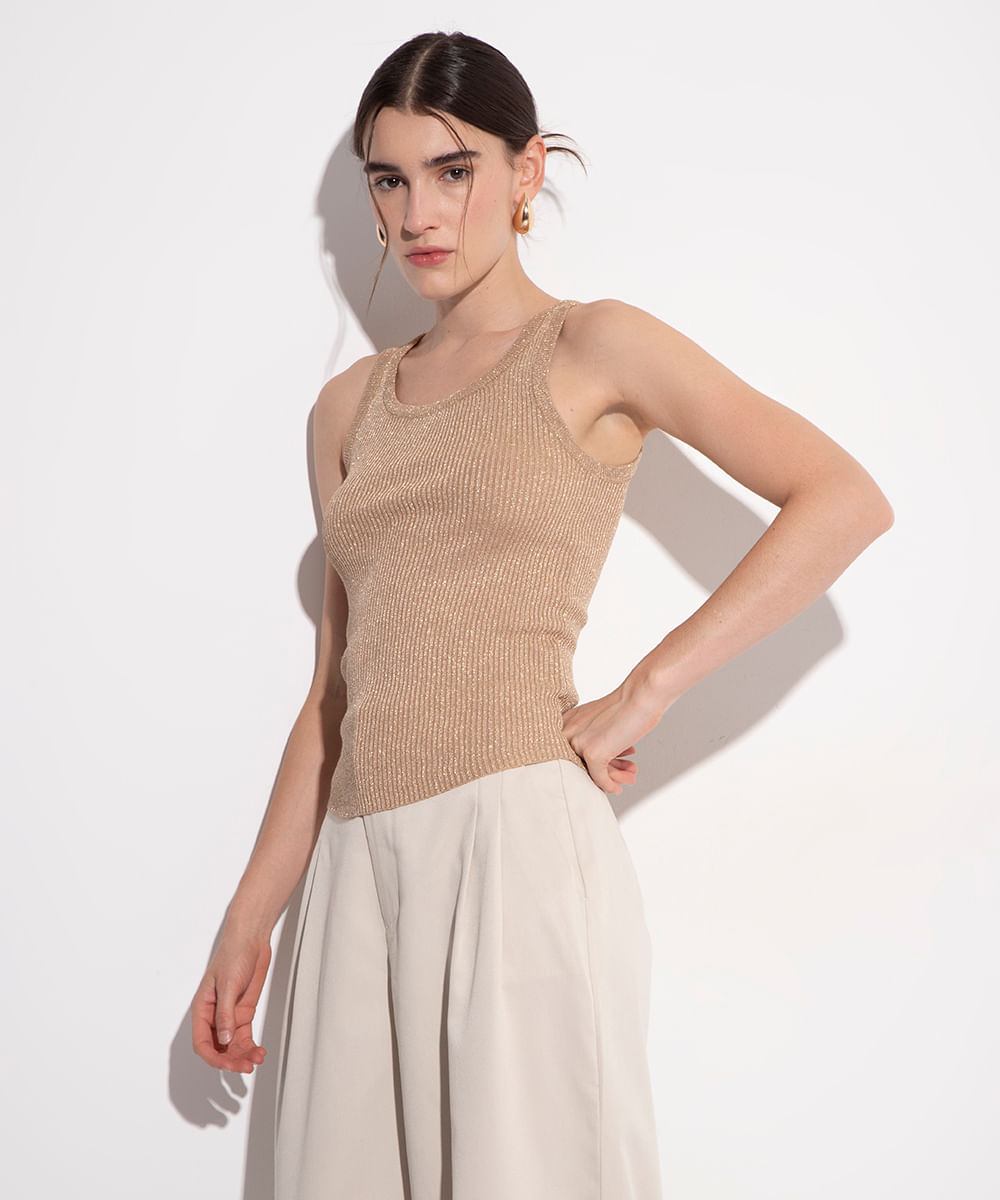 regata alongada de tricot lurex mindset bege