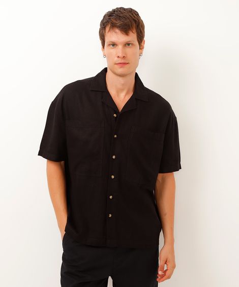 camisa com linho manga curta preta