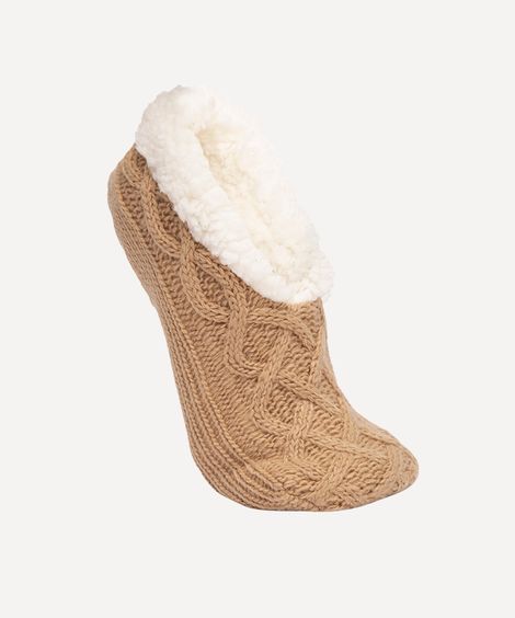 meia de tricot com com forro e antiderrapante bege