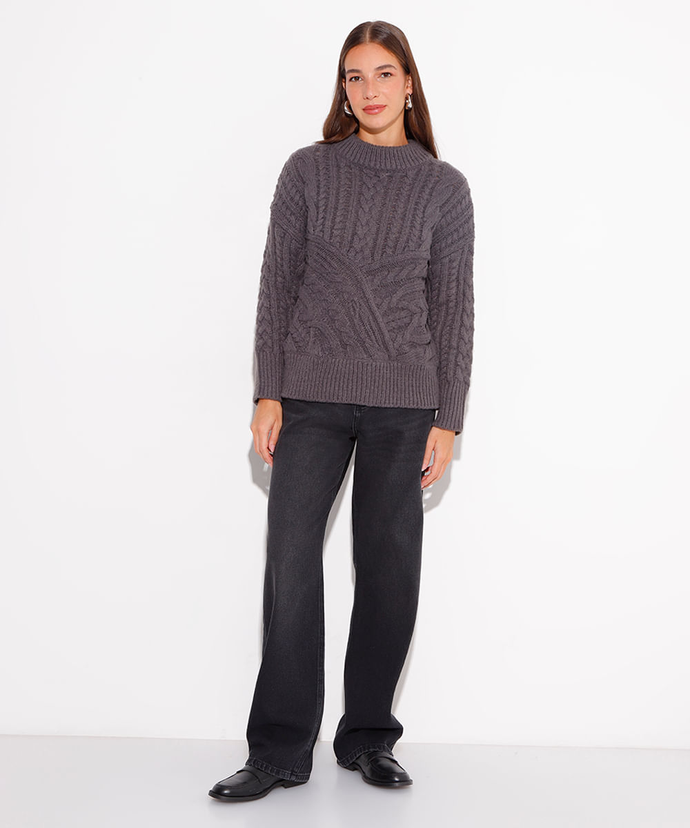 suéter de tricot trançado mindset cinza