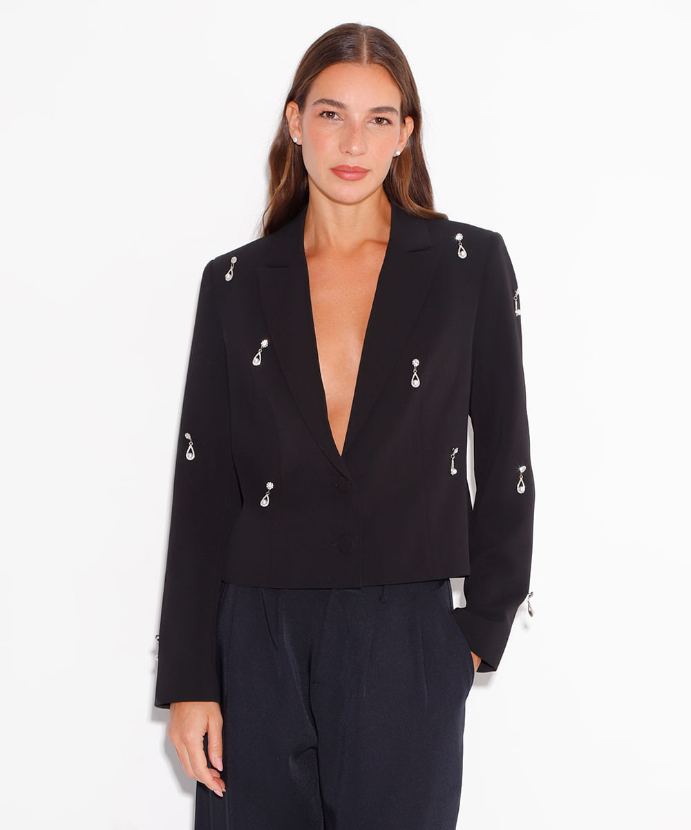 blazer alfaiataria com pingentes de strass mindset preto