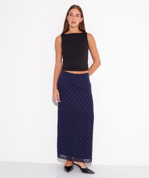 saia midi chiffon poá mindset azul marinho