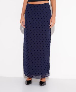 saia midi chiffon poá mindset azul marinho