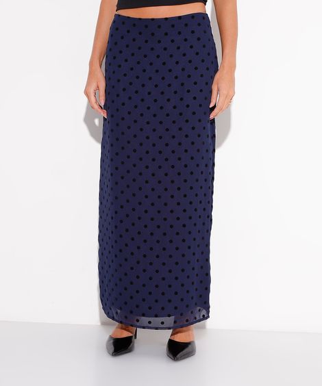saia midi chiffon poá mindset azul marinho