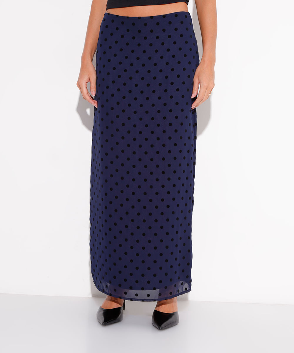 saia midi chiffon poá mindset azul marinho
