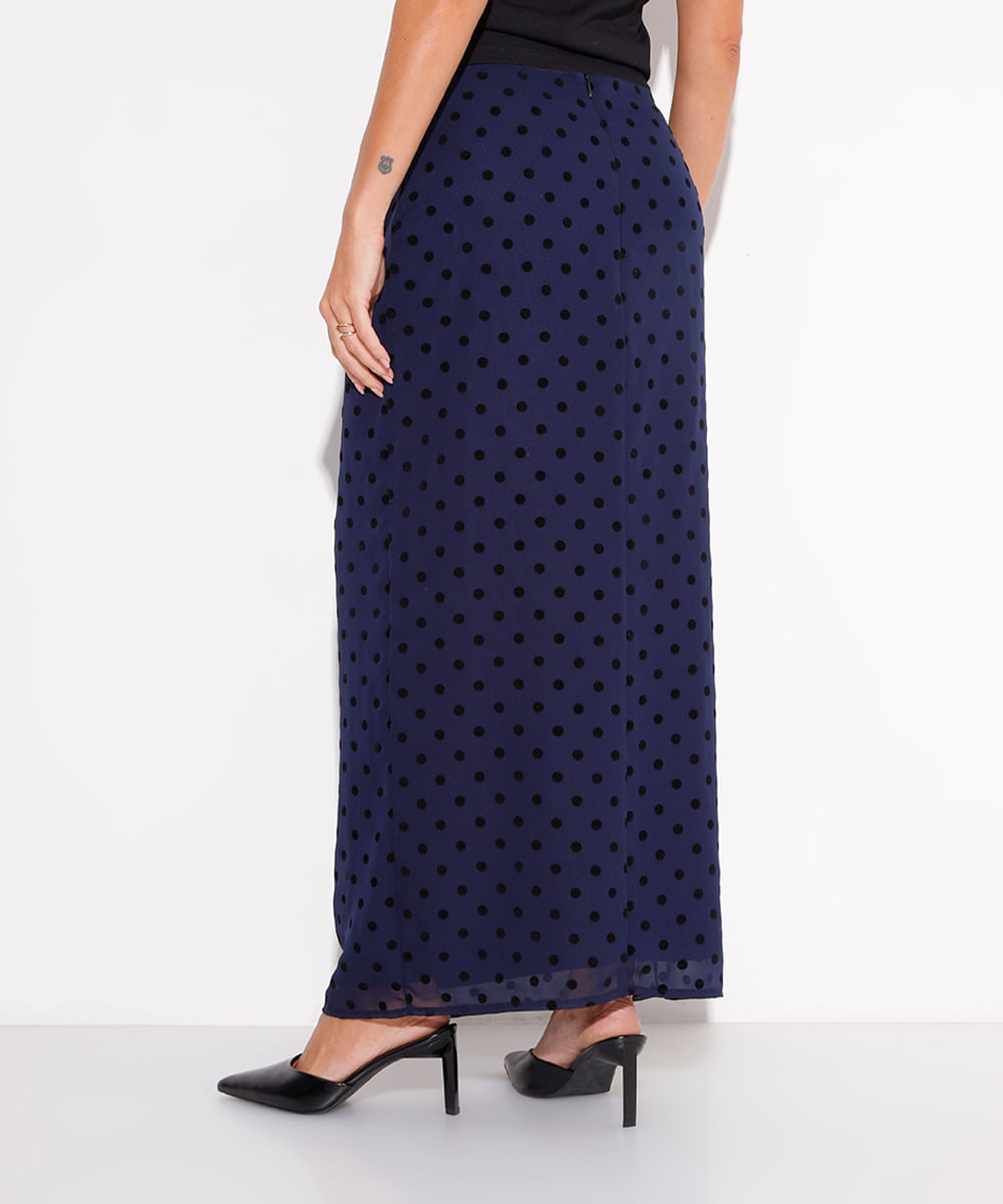 saia midi chiffon poá mindset azul marinho