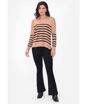 Blusa Básica Decote V Listrada Mullet de Tricot Modal Feminina