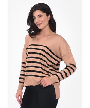 Blusa Básica Decote V Listrada Mullet de Tricot Modal Feminina