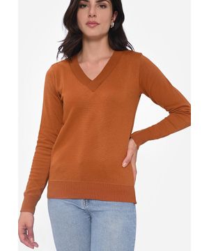 Blusa Manga Longa Pink Tricot Modal Decote V Básica Feminina