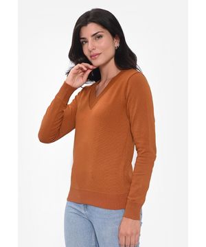 Blusa Manga Longa Pink Tricot Modal Decote V Básica Feminina