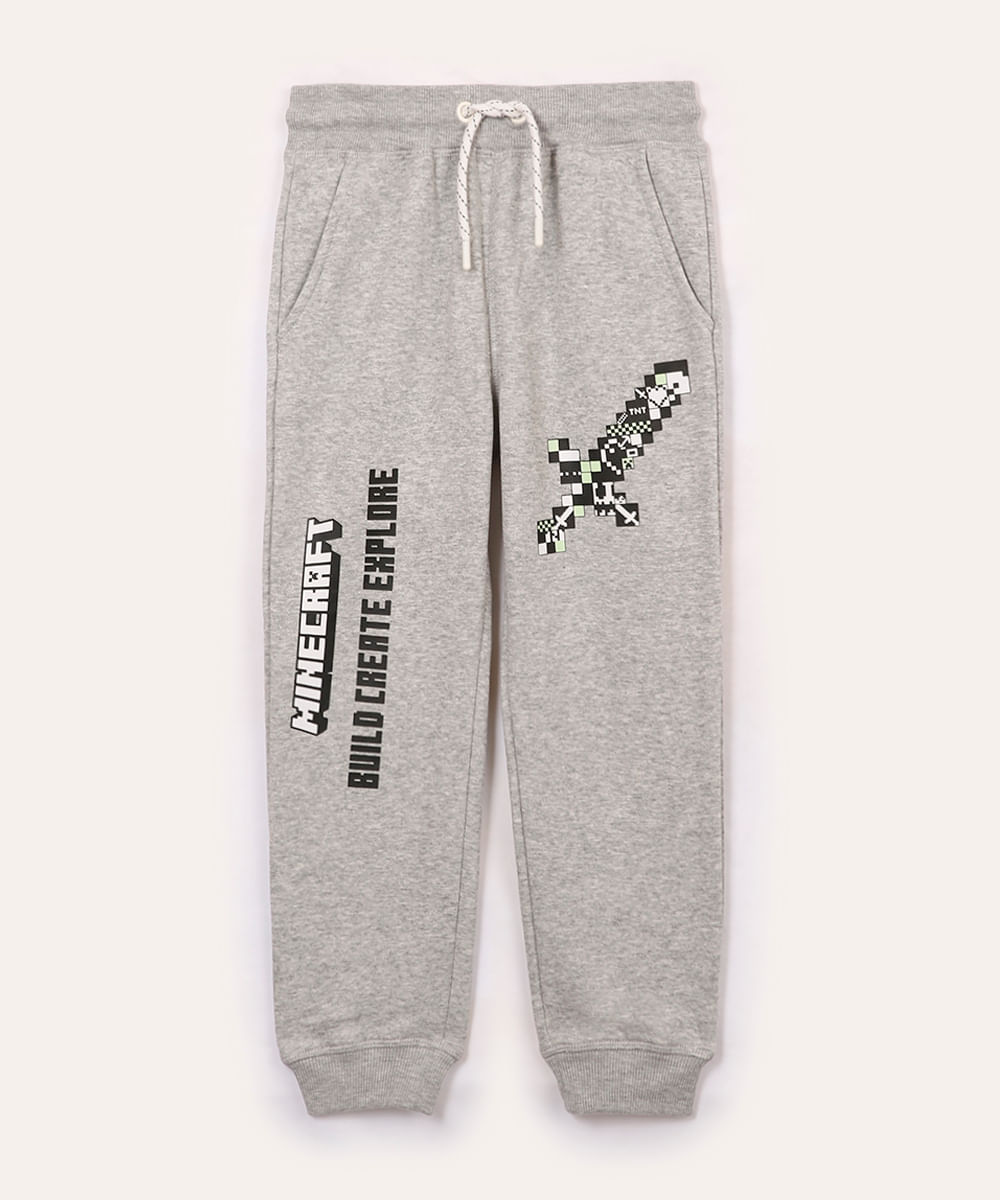 calça jogger de moletom infantil minecraft cinza mescla