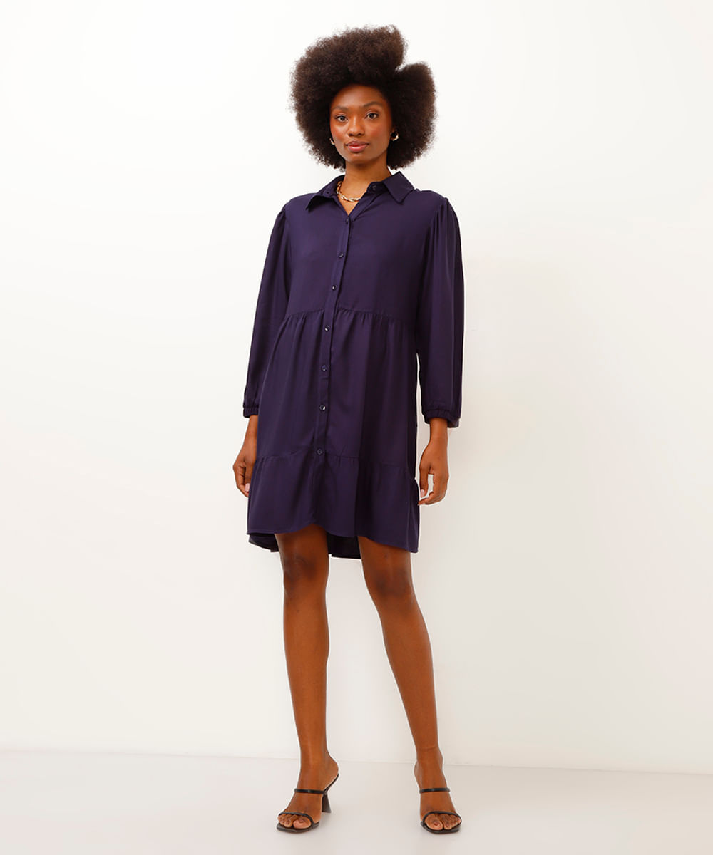 vestido chemise de viscose azul marinho