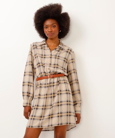 vestido xadrez curto com cinto bege