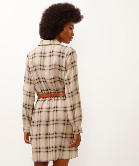 vestido xadrez curto com cinto bege