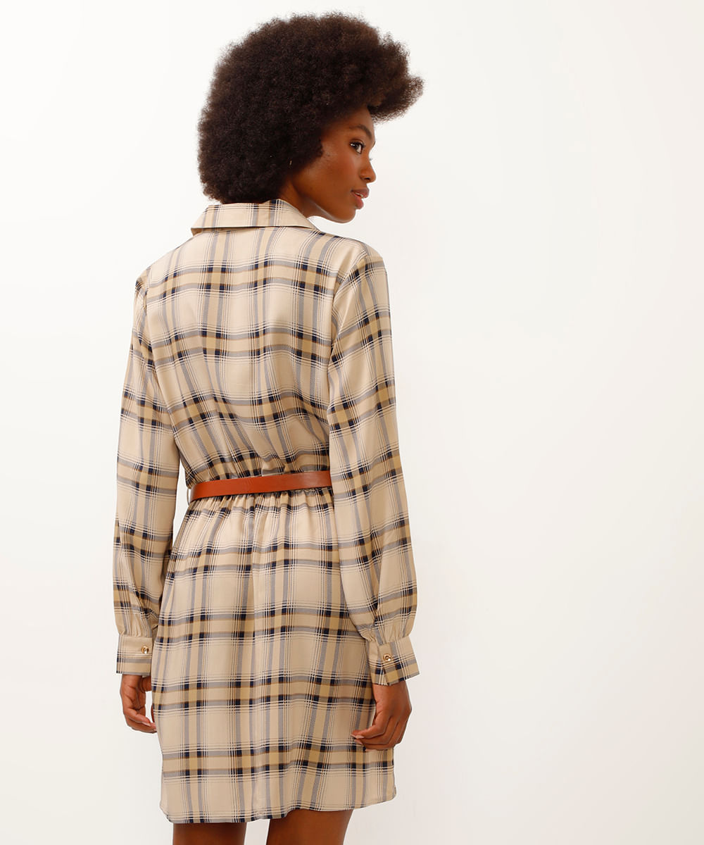 vestido xadrez curto com cinto bege