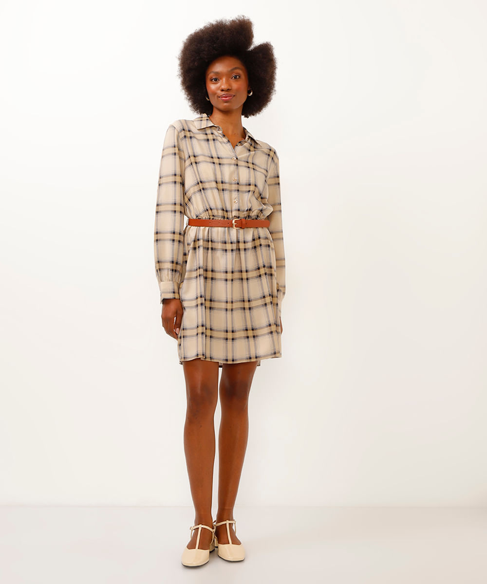 vestido xadrez curto com cinto bege