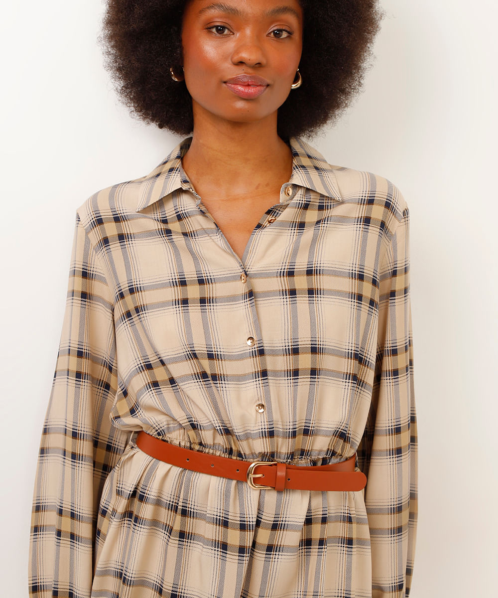 vestido xadrez curto com cinto bege