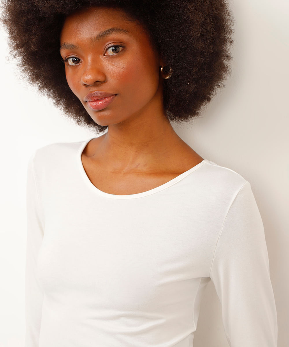 blusa básica de viscose manga longa cinza escuro - off white