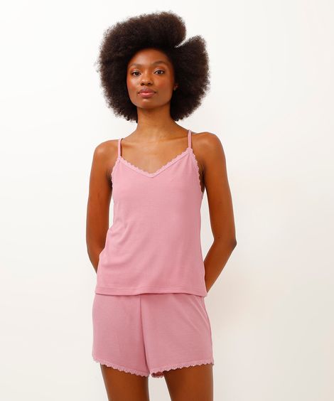 short de pijama curto com renda rosa