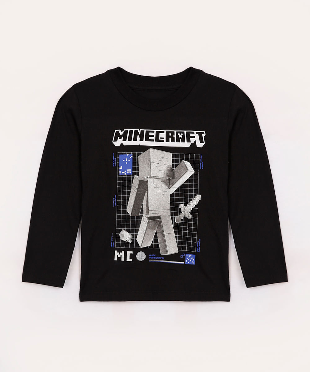 camiseta de algodão infantil minecraft preto