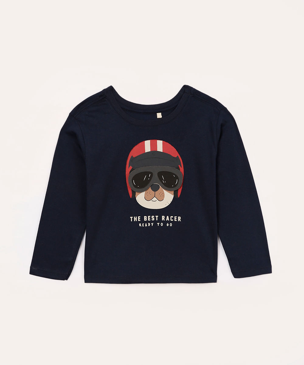 camiseta de algodão infantil cachorro azul marinho