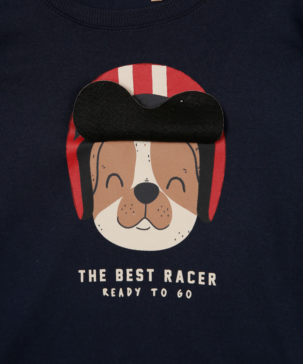 camiseta de algodão infantil cachorro azul marinho