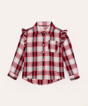 camisa de algodão infantil xadrez com babado vermelho