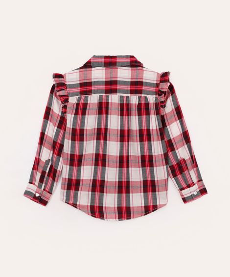 camisa de algodão infantil xadrez com babado vermelho