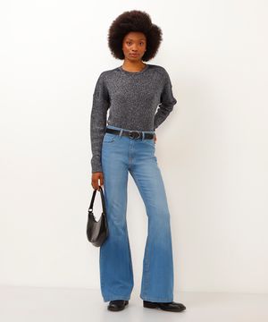 calça jeans flare cintura média azul