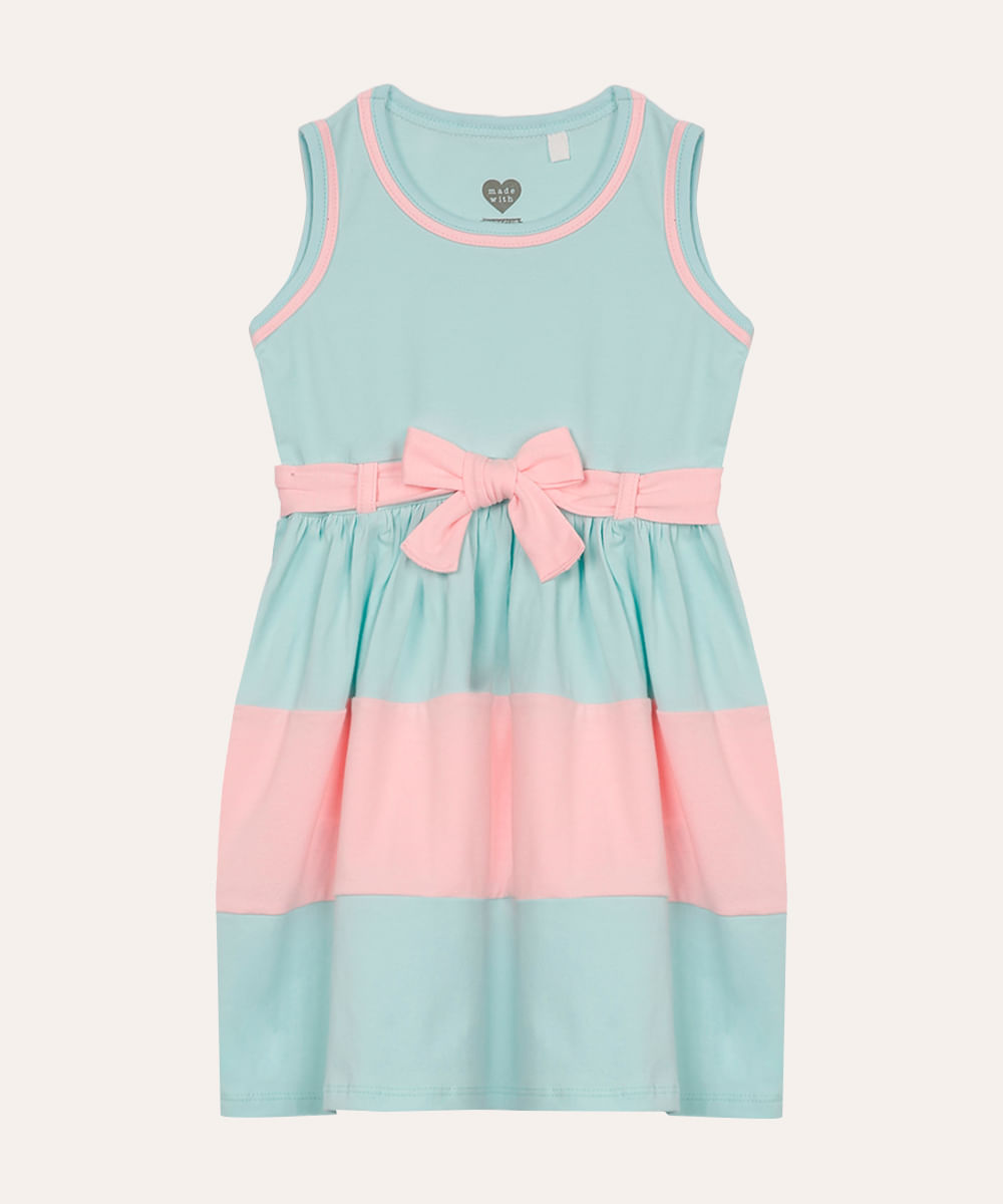 vestido de algodão infantil com recorte e laço azul