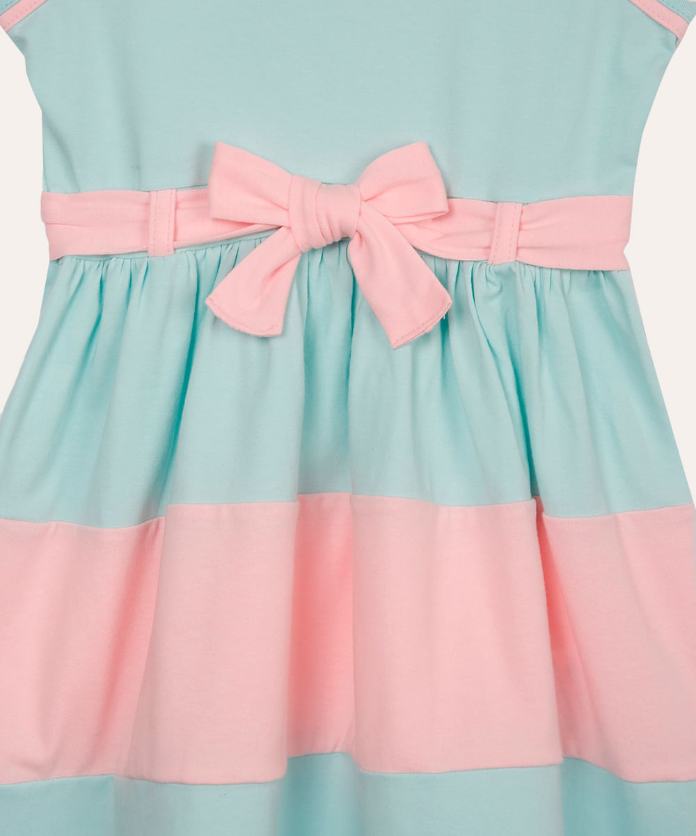 vestido de algodão infantil com recorte e laço azul