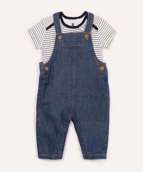 jardineira jeans com camiseta listrada infantil azul marinho