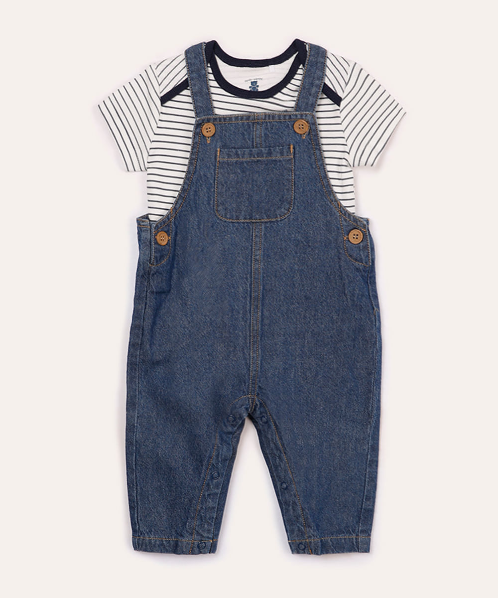 jardineira jeans com camiseta listrada infantil azul marinho