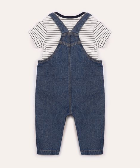 jardineira jeans com camiseta listrada infantil azul marinho