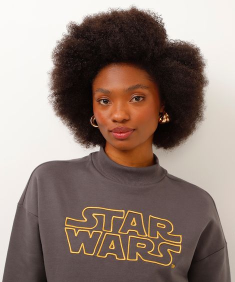 blusão de moletom cropped star wars cinza