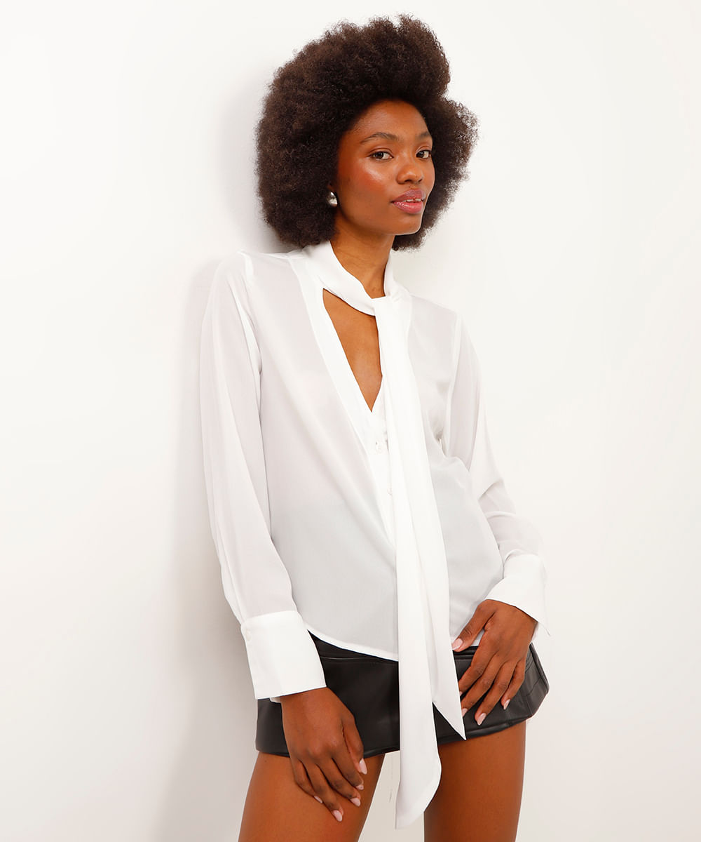 camisa manga longa com amarração off white