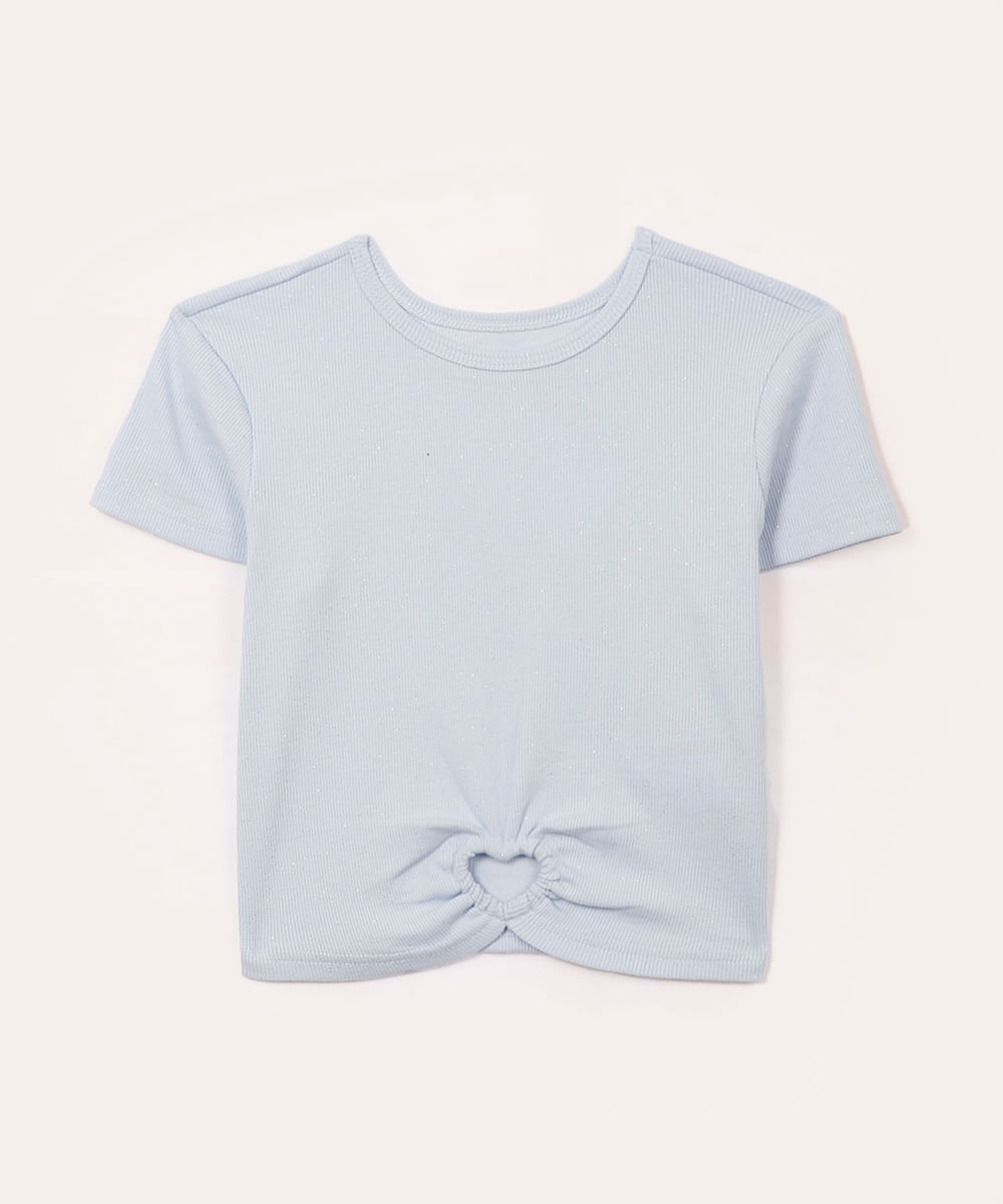 blusa infantil glitter coração manga curta azul claro