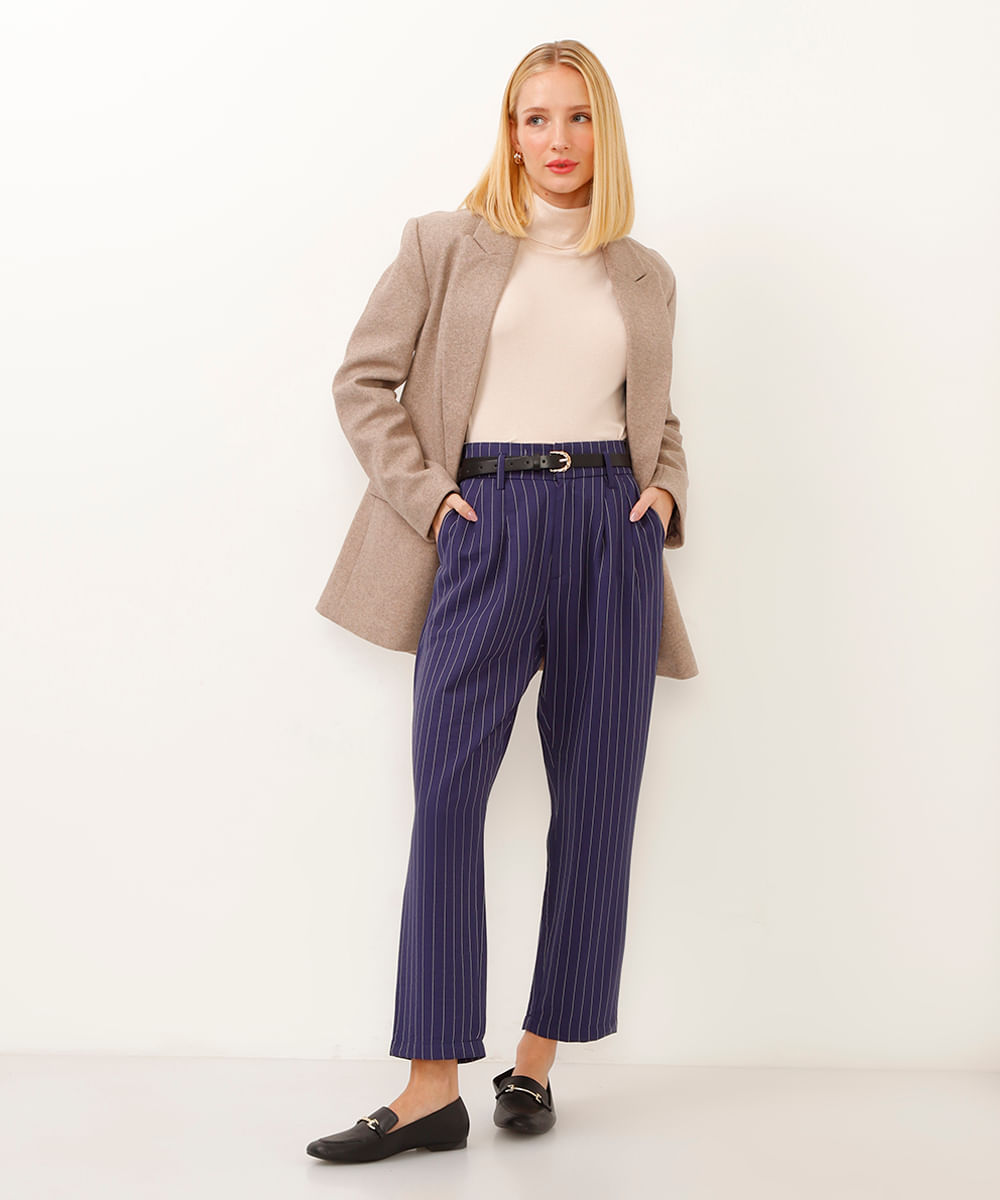 calça de alfaiataria slouchy risca de giz azul marinho