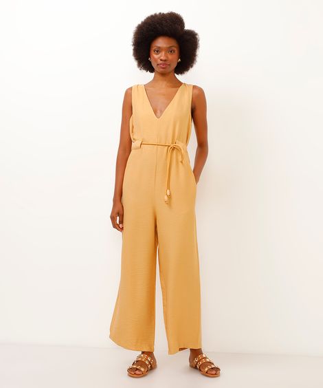 macacão de viscose com cinto amarelo