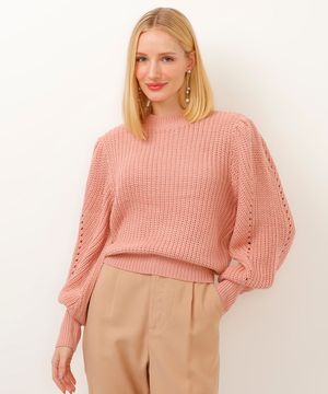 suéter de tricot manga bufante rosa