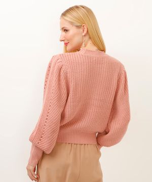 suéter de tricot manga bufante rosa