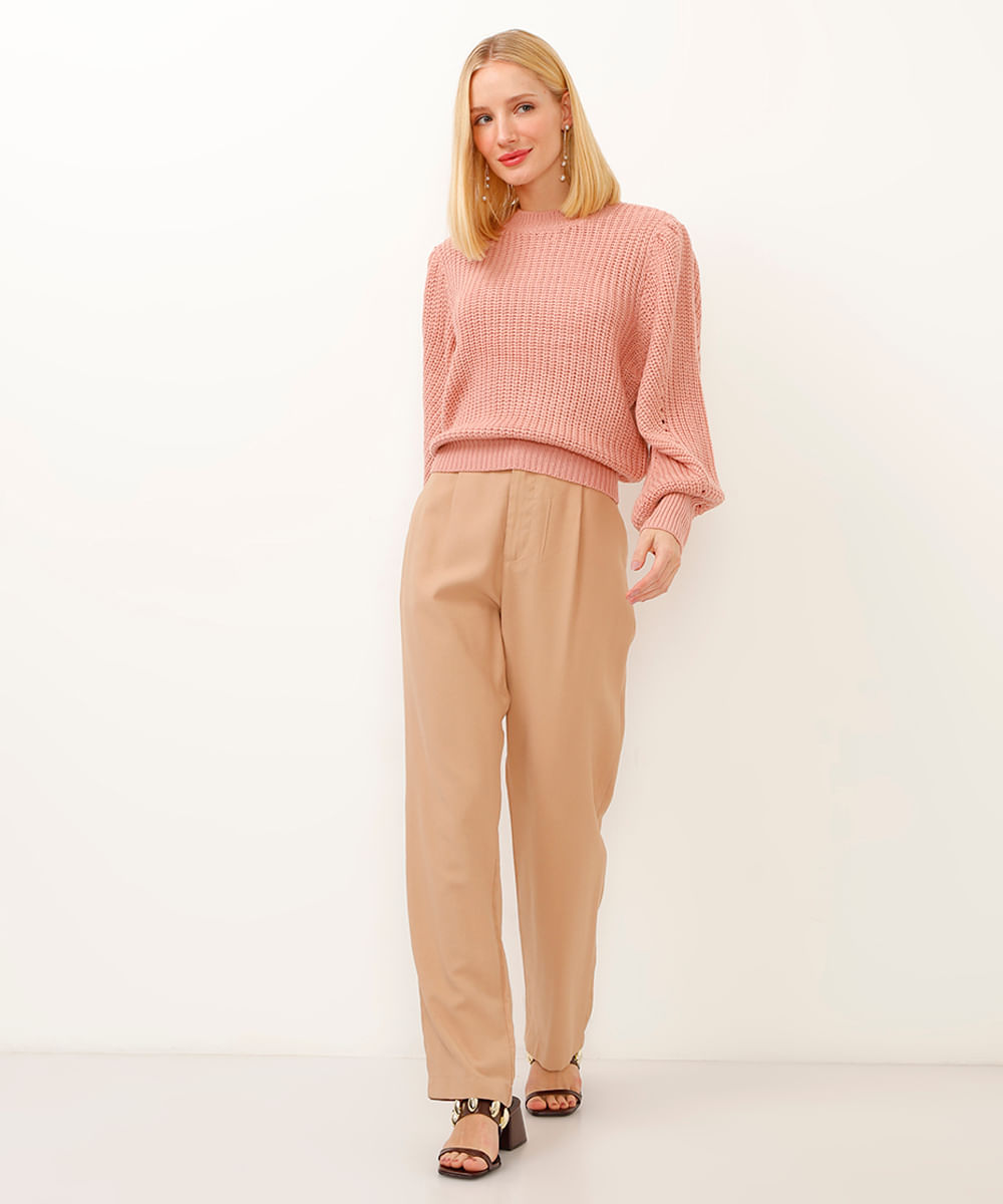 suéter de tricot manga bufante rosa