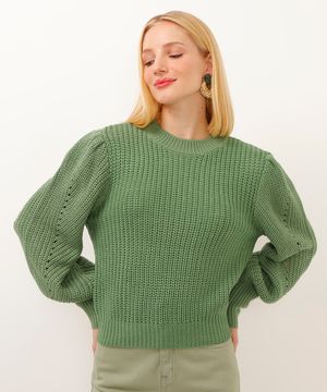 suéter de tricot manga bufante verde