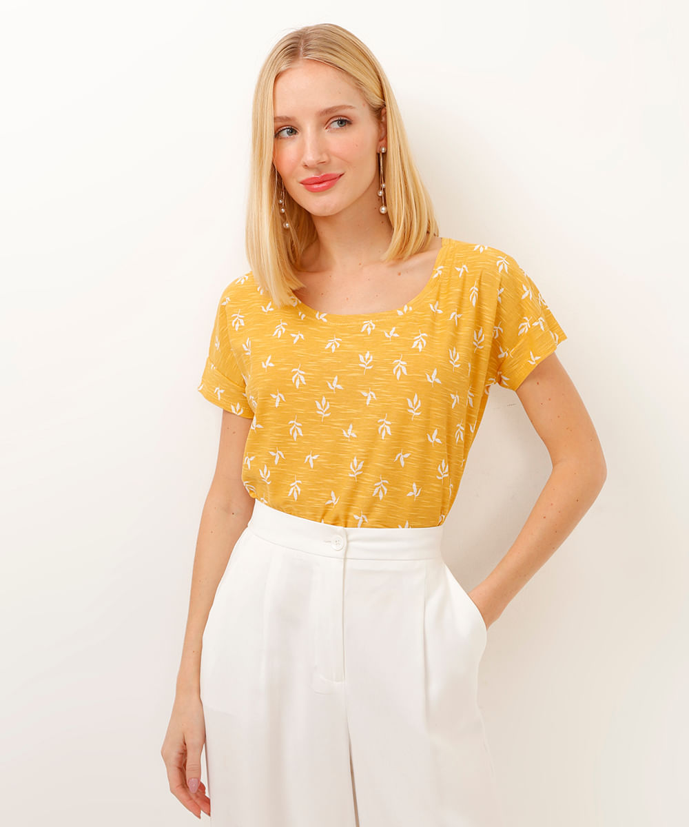 camiseta de algodão manga curta folhagem amarelo