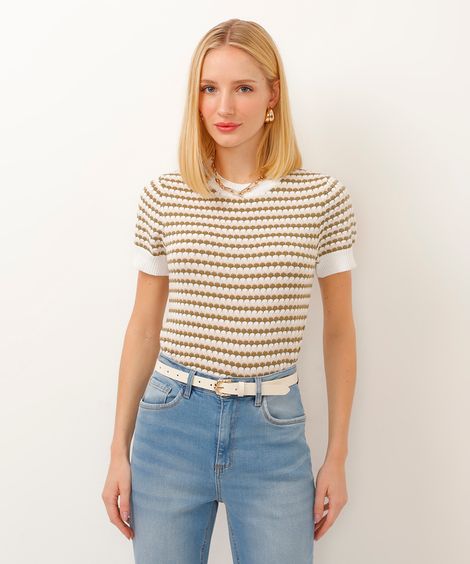 blusa de tricot manga curta listrada verde